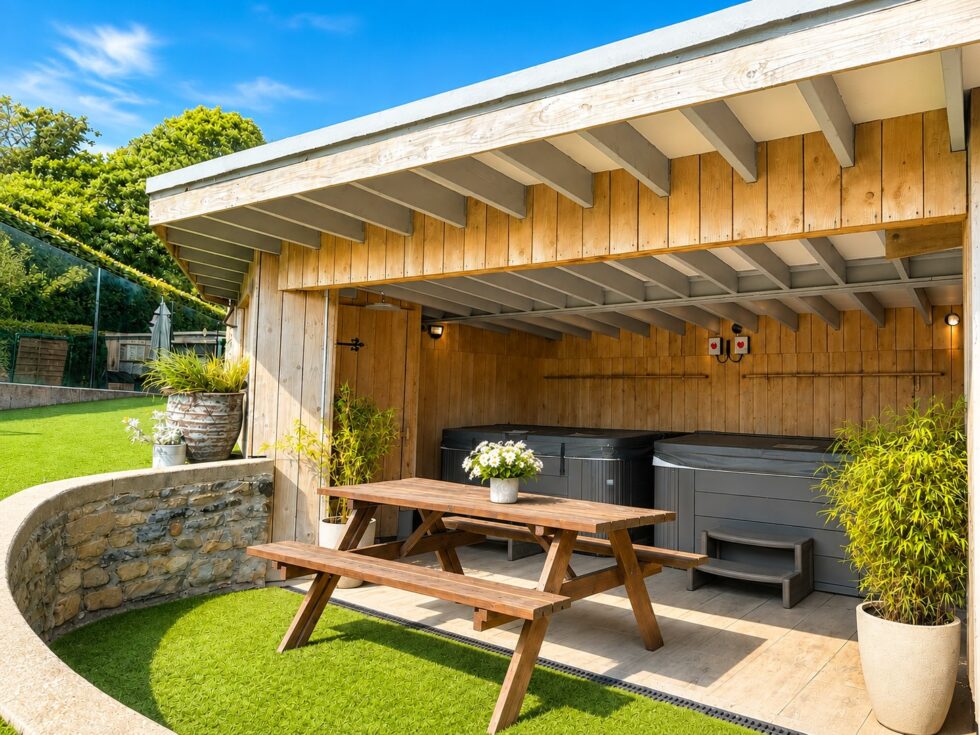 Covered outdoor terrace with hot tubs at a Howgills property